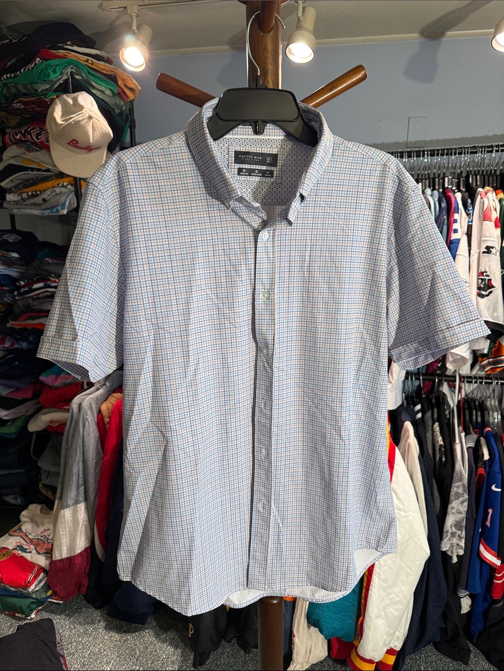 Cactus Men's Short-Sleeve Button-Down Shirt - Light Blue and White Check